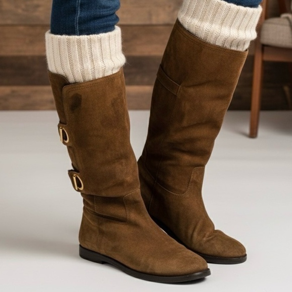 JIMMY CHOO Chocolate Brown Suede Mid-Calf Double Toggle Gold Hardware Boots 37.5